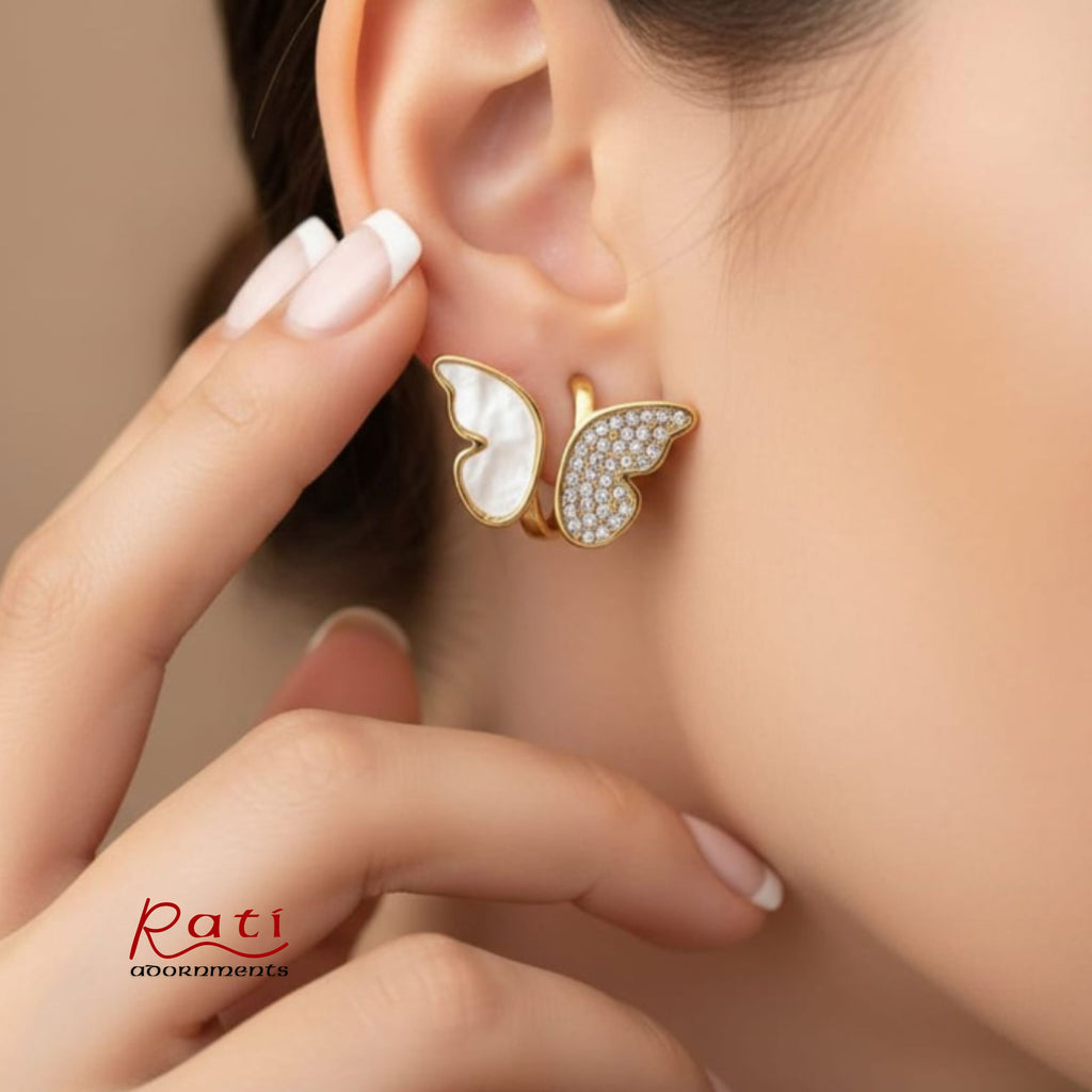 Gold Mother of Pearl & Crystal Butterfly Stud Earrings