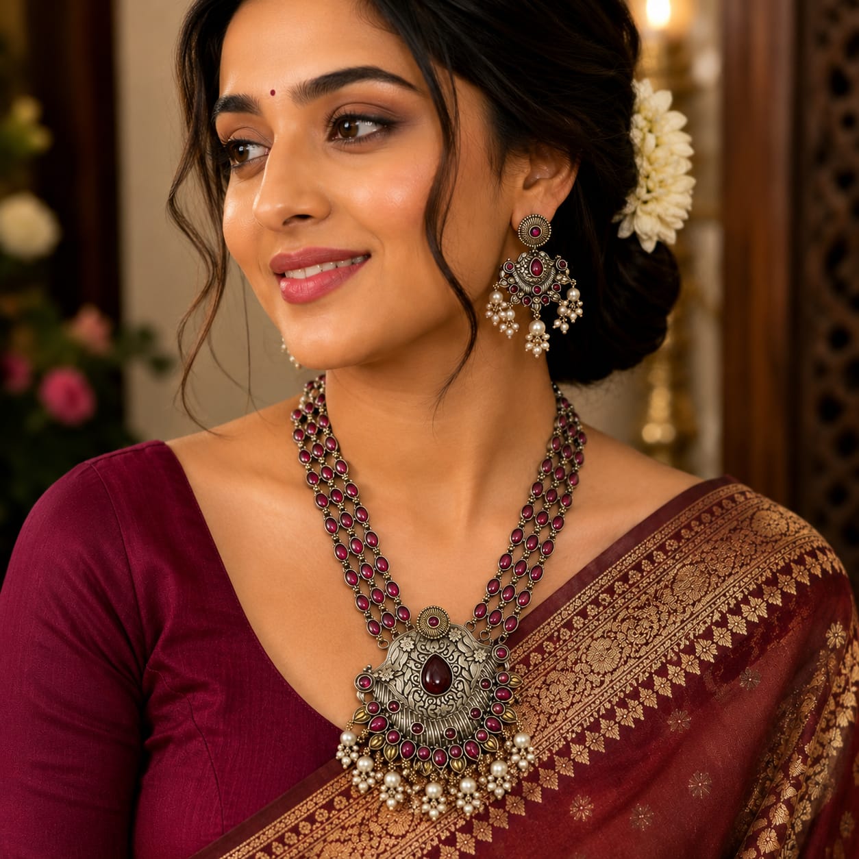 Oxidised Ruby Red Gemstone Long Necklace Set with Jhumka Earrings