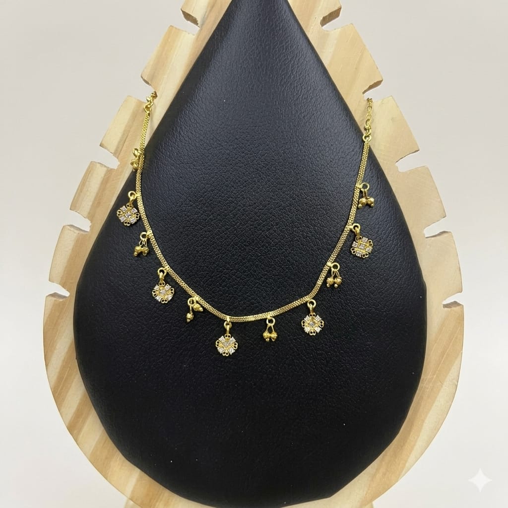 Gold CZ Floral Charm Necklace with Ghungroo Drops