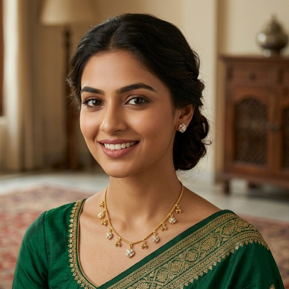 Gold CZ Floral Charm Necklace with Ghungroo Drops