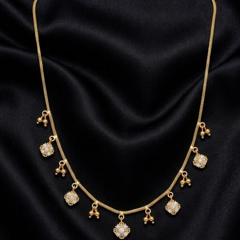 Gold CZ Floral Charm Necklace with Ghungroo Drops