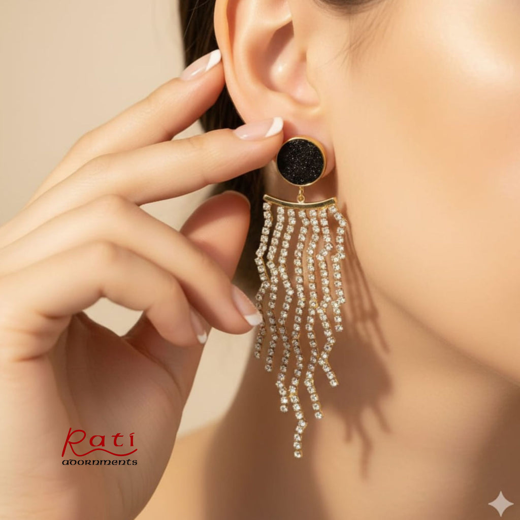 Black Disc & Crystal Tassel Drop Earrings
