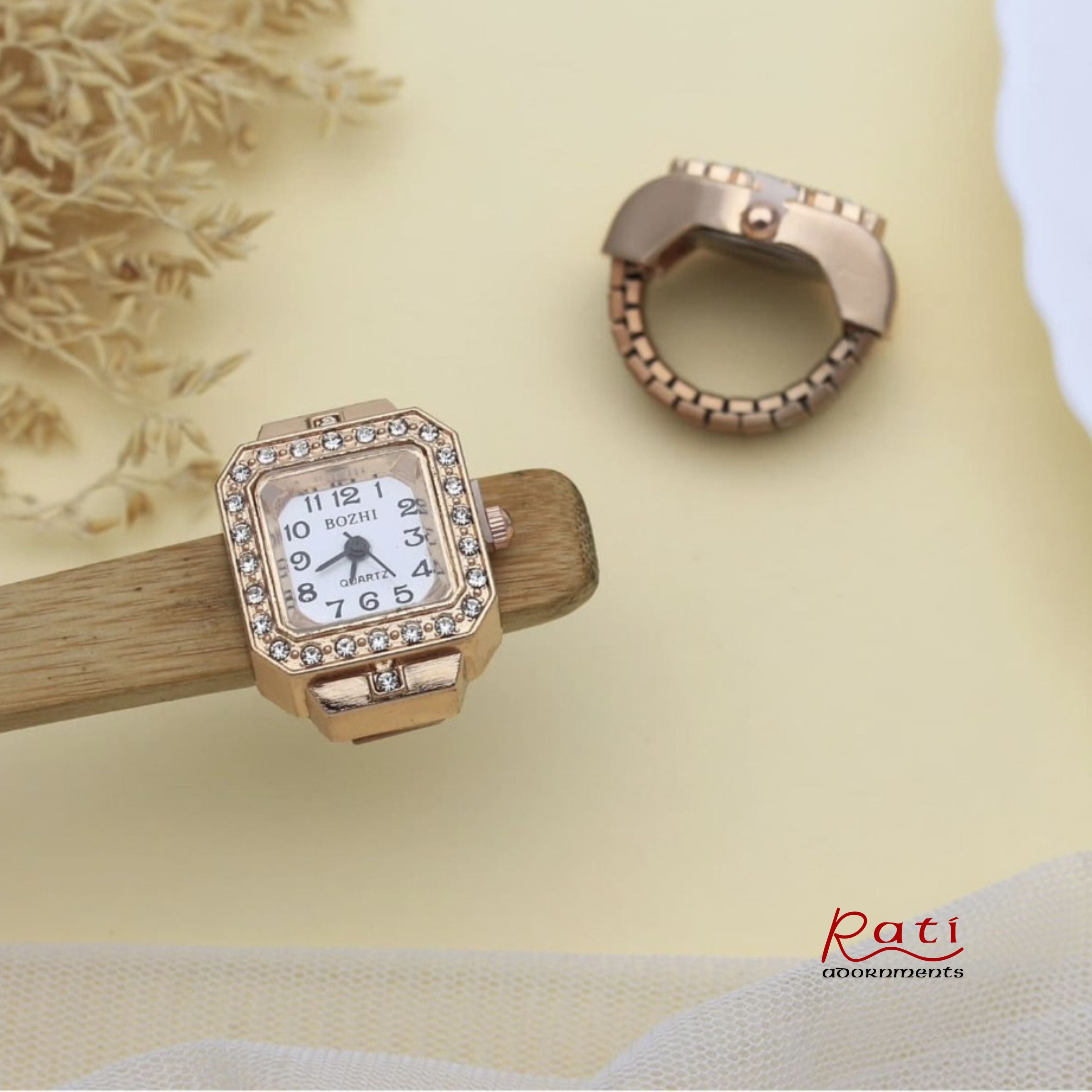 Rose Gold Square CZ Border Quartz Ring Watch – White Dial