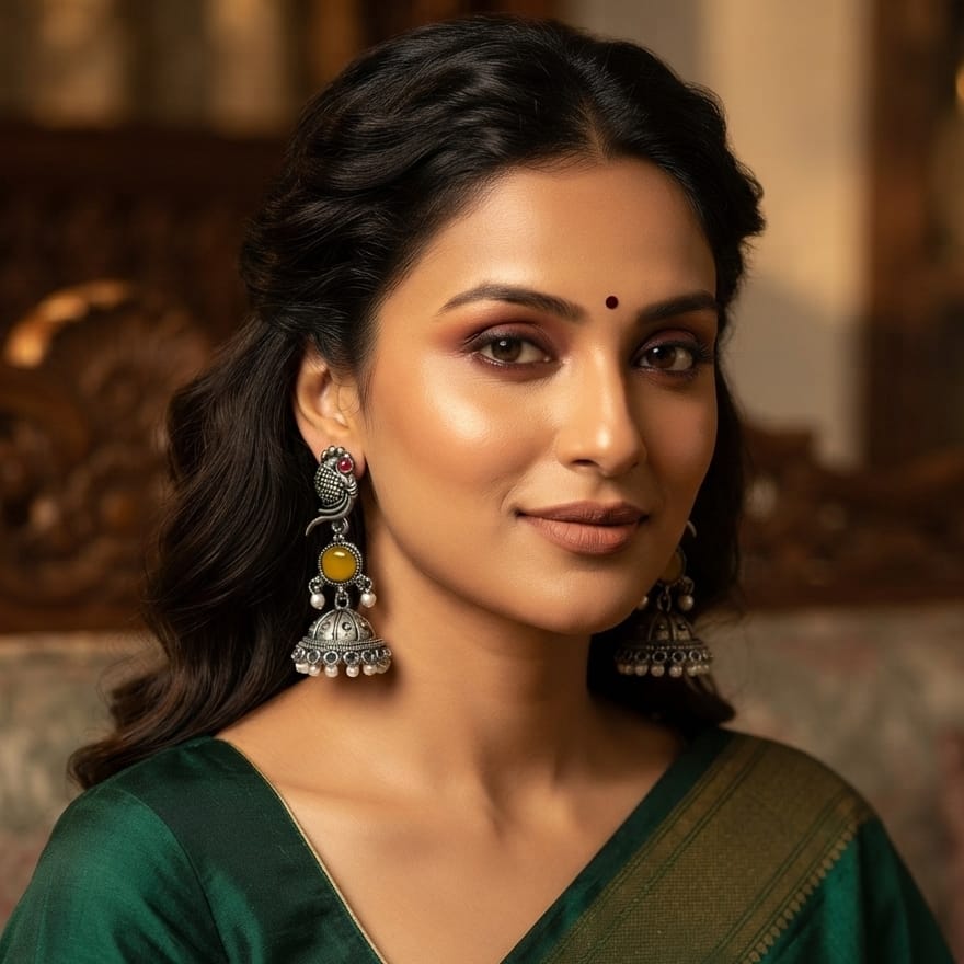 Oxidised Silver Parrot Jhumka Earrings with Yellow Stone & Pearl Drops