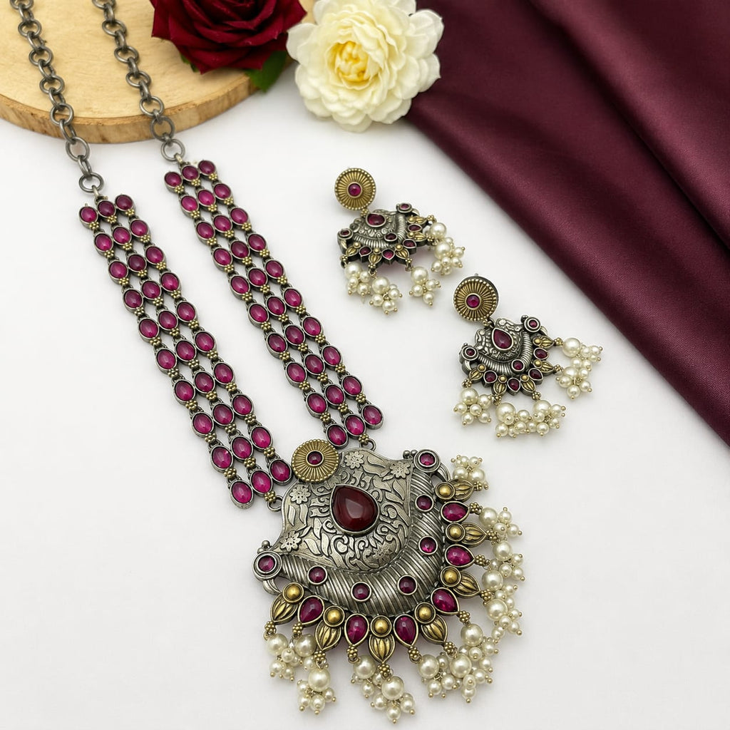 Oxidised Ruby Red Gemstone Long Necklace Set with Jhumka Earrings