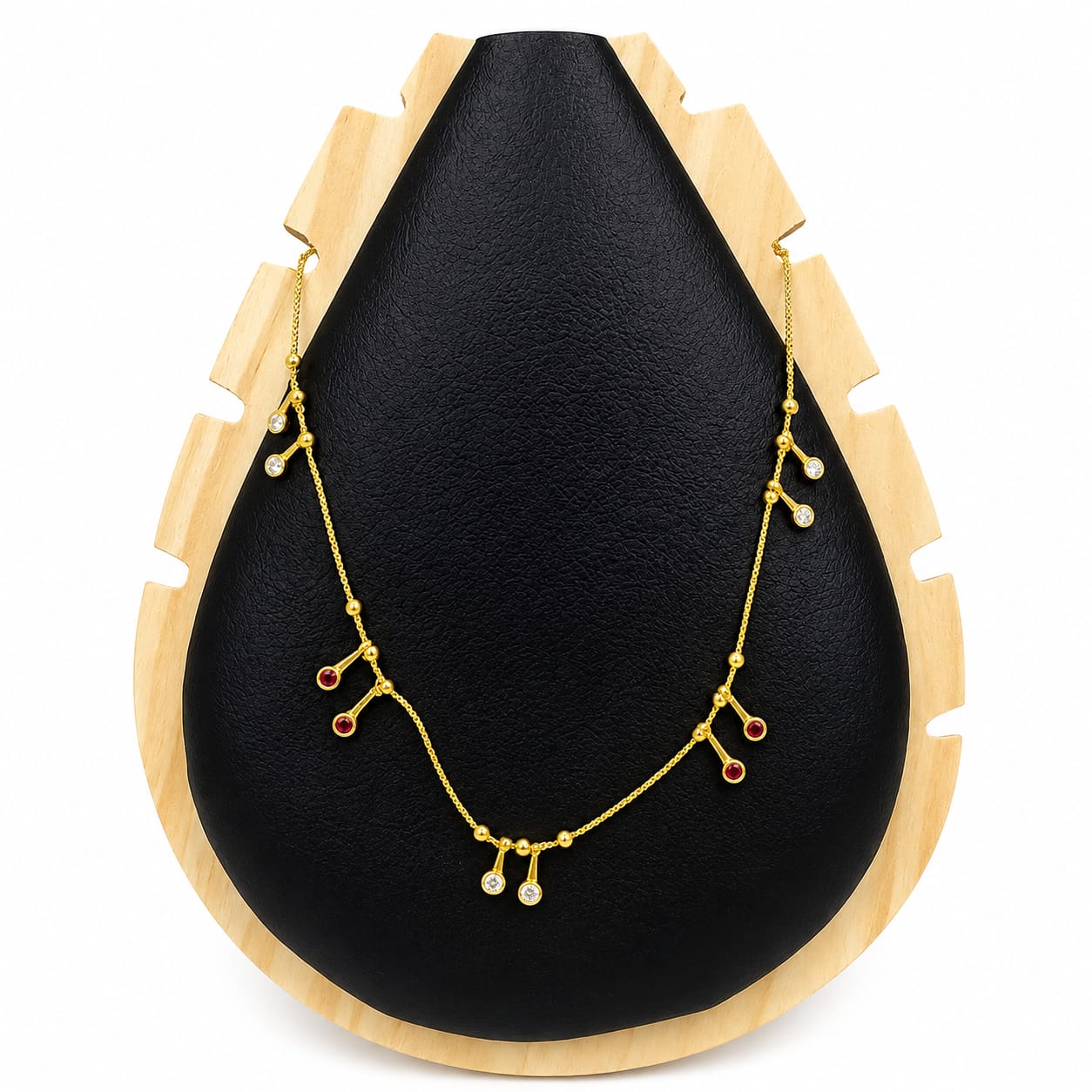 Gold Ruby & CZ Bezel Drop Necklace with Ball Chain