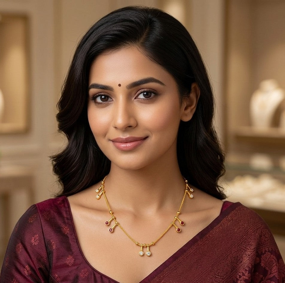 Gold Ruby & CZ Bezel Drop Necklace with Ball Chain