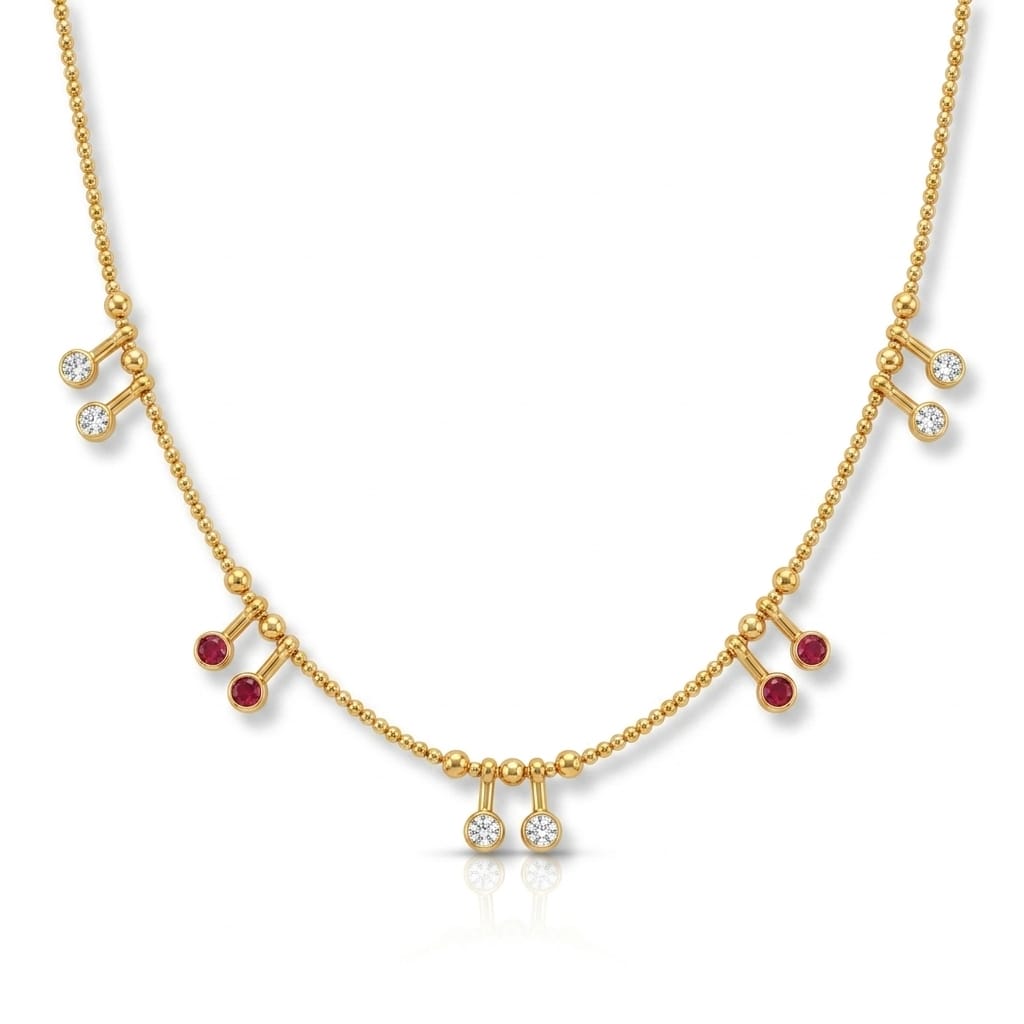 Gold Ruby & CZ Bezel Drop Necklace with Ball Chain