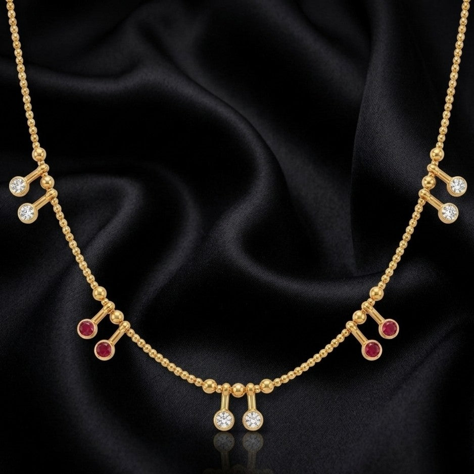 Gold Ruby & CZ Bezel Drop Necklace with Ball Chain
