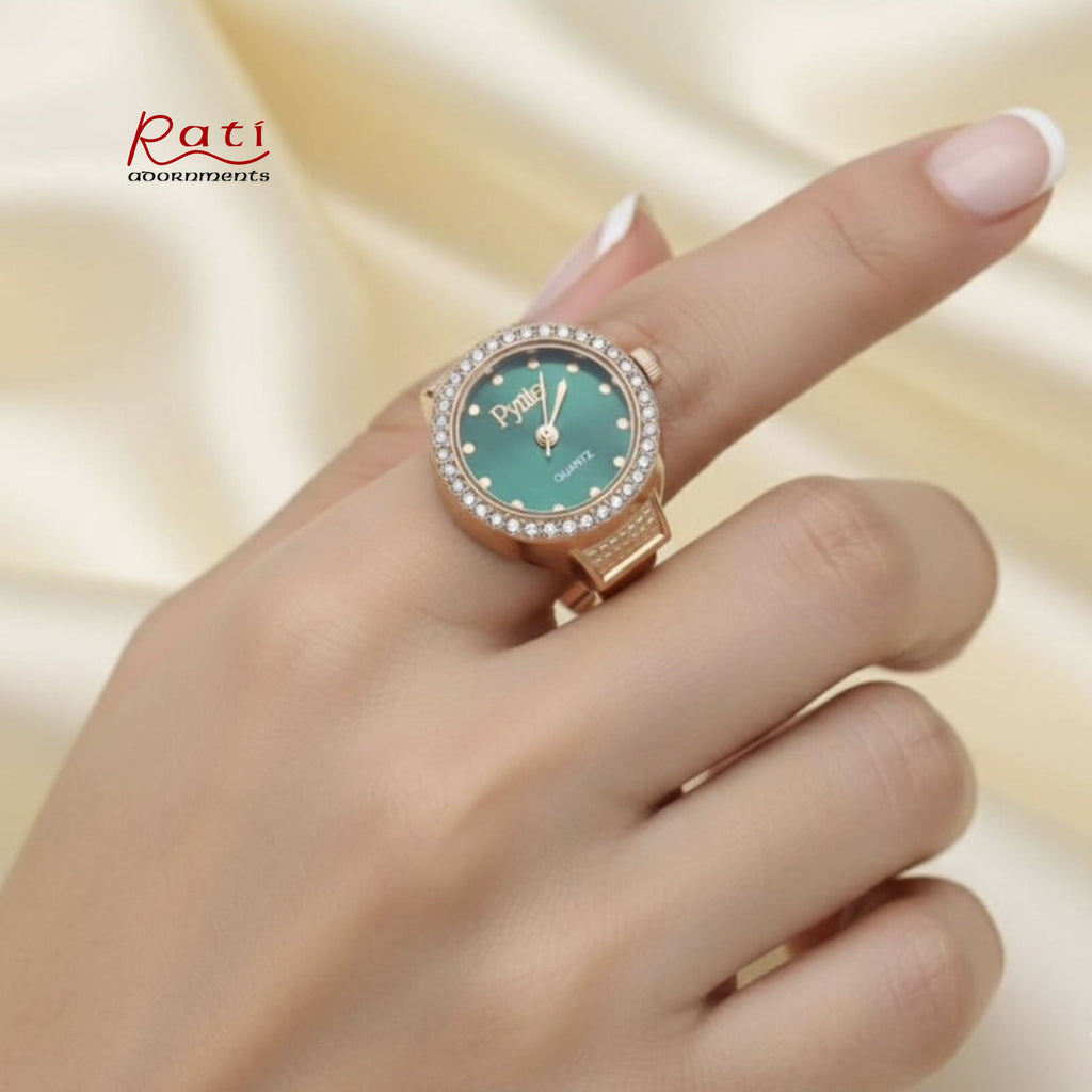 Rose Gold CZ Bezel Quartz Ring Watch – Teal Dial