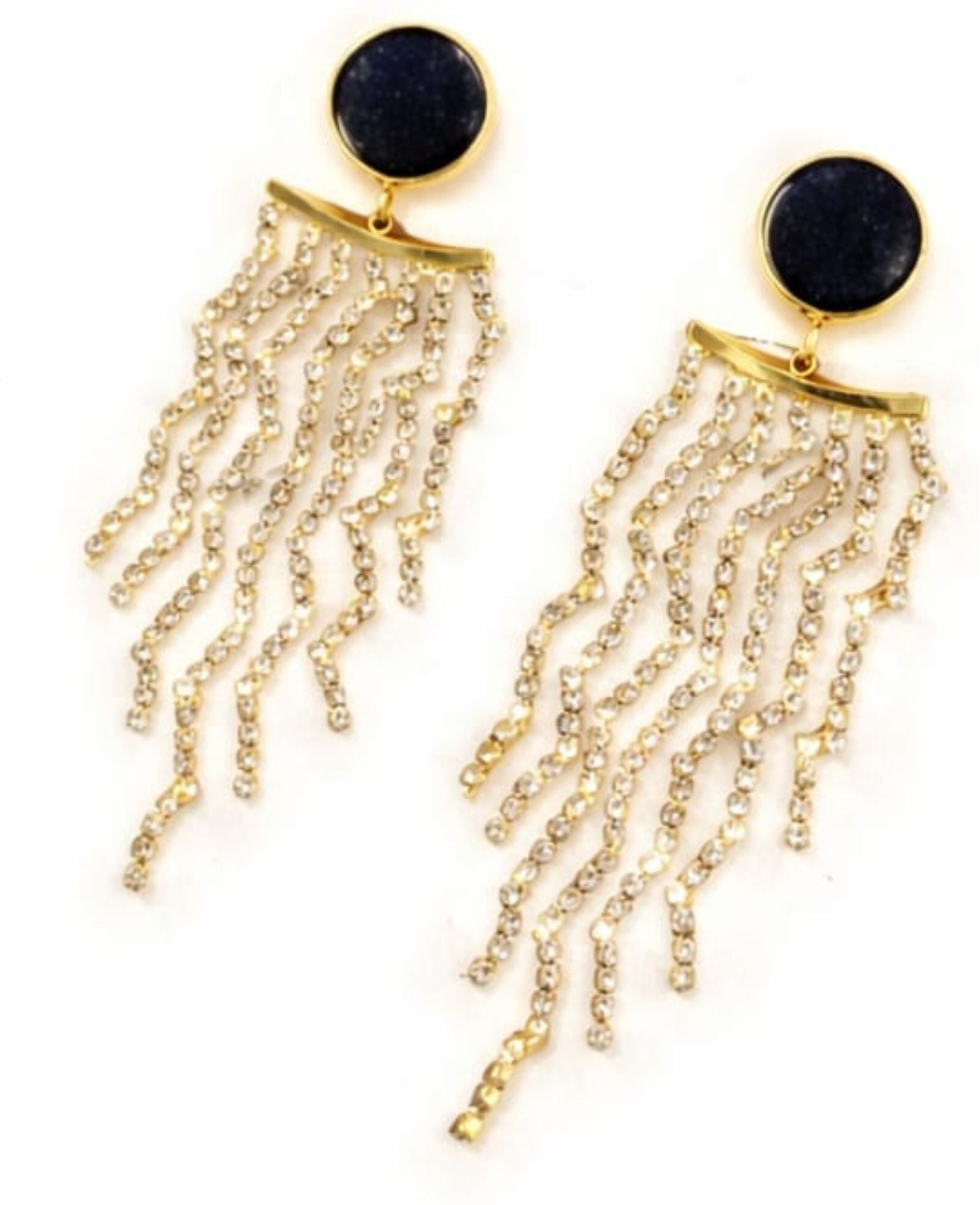 Black Disc & Crystal Tassel Drop Earrings