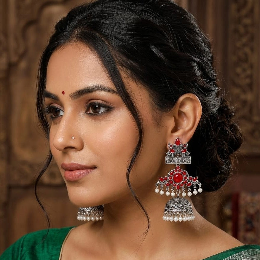 Red Peacock Jhumka Earrings in Oxidised Silver