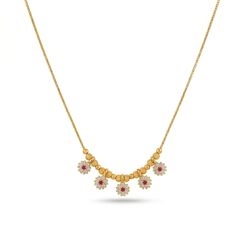 Gold Ruby & CZ Floral Charm Necklace