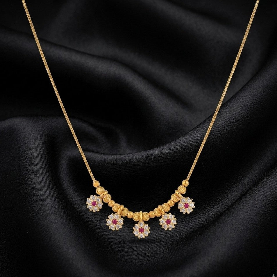 Gold Ruby & CZ Floral Charm Necklace