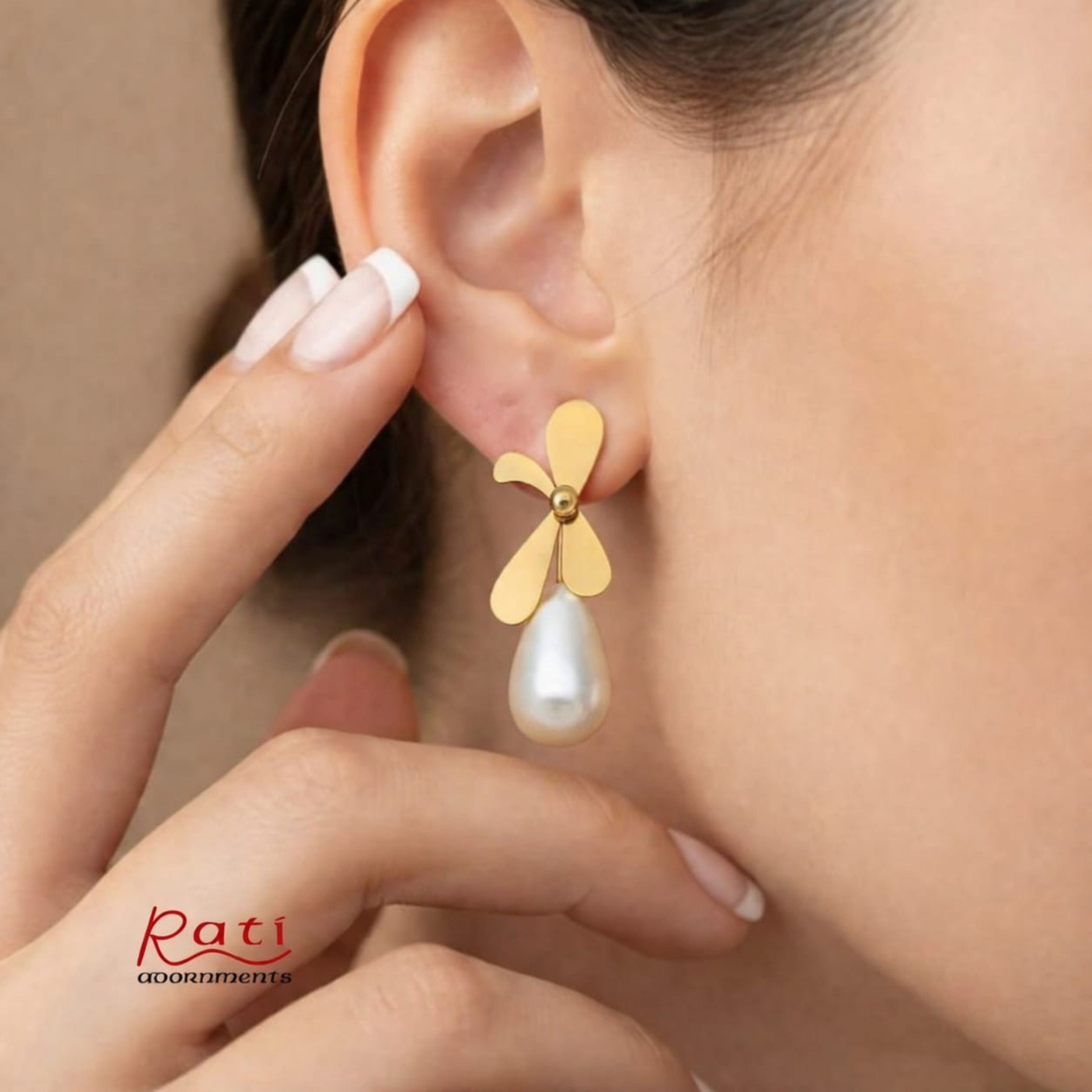 Gold Flower Pearl Drop Earrings, Matte Petal & Teardrop Pearl