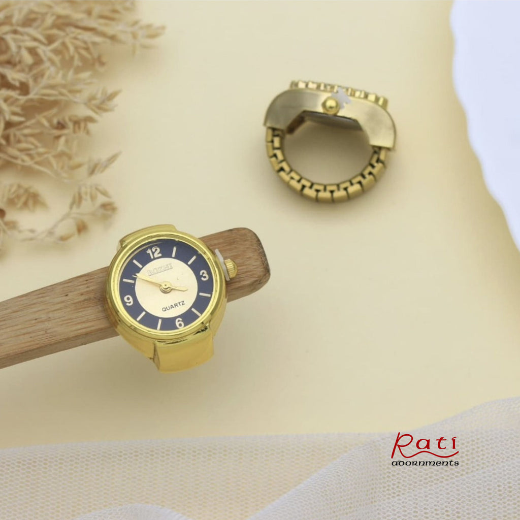 Gold Round Quartz Ring Watch – Navy Blue Dial