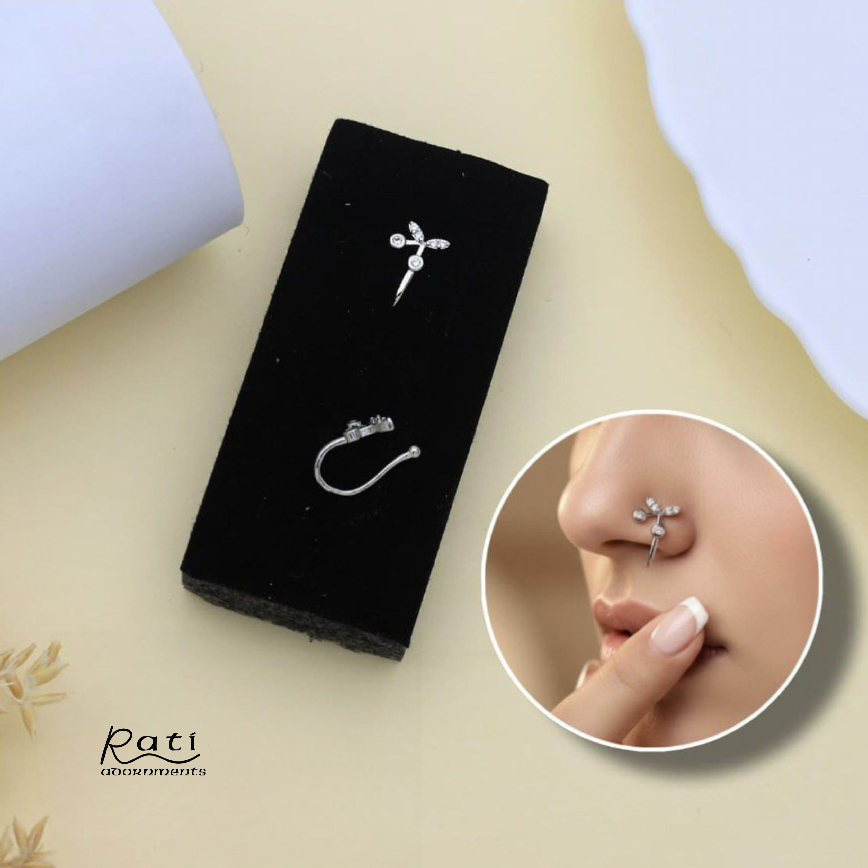 Silver Floral Branch Nose Pin with CZ Stones