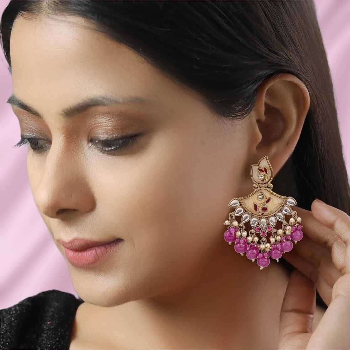 Kundan Chandbali Earrings with Hot Pink Beads & Pearls
