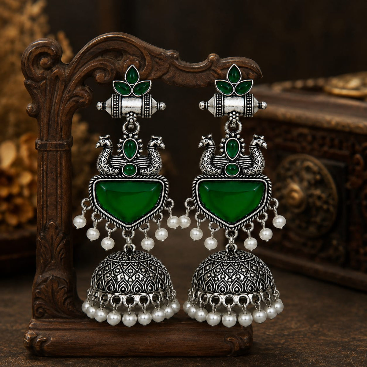 Oxidised Silver Peacock Jhumka with Green Onyx Stones & Pearl Drops