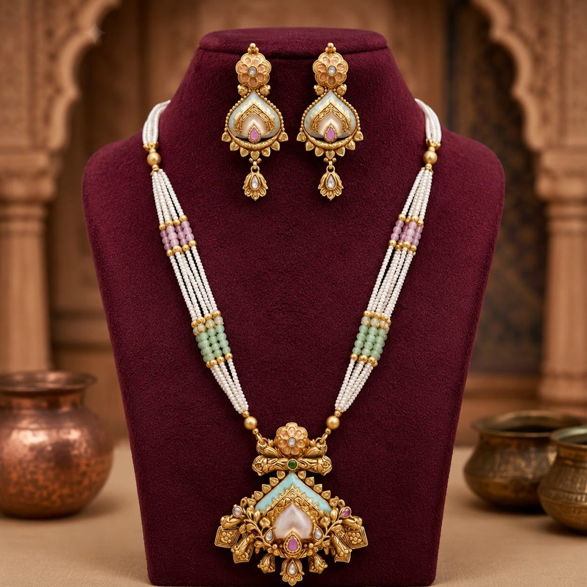 Pastel Meenakari Kundan Pendant Necklace Set with Drop Earrings