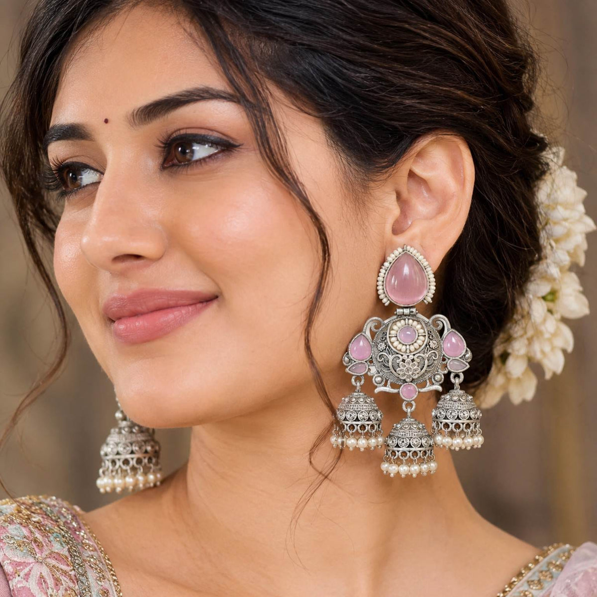 Oxidised Silver Triple Jhumka Earrings with Rose Pink Stone