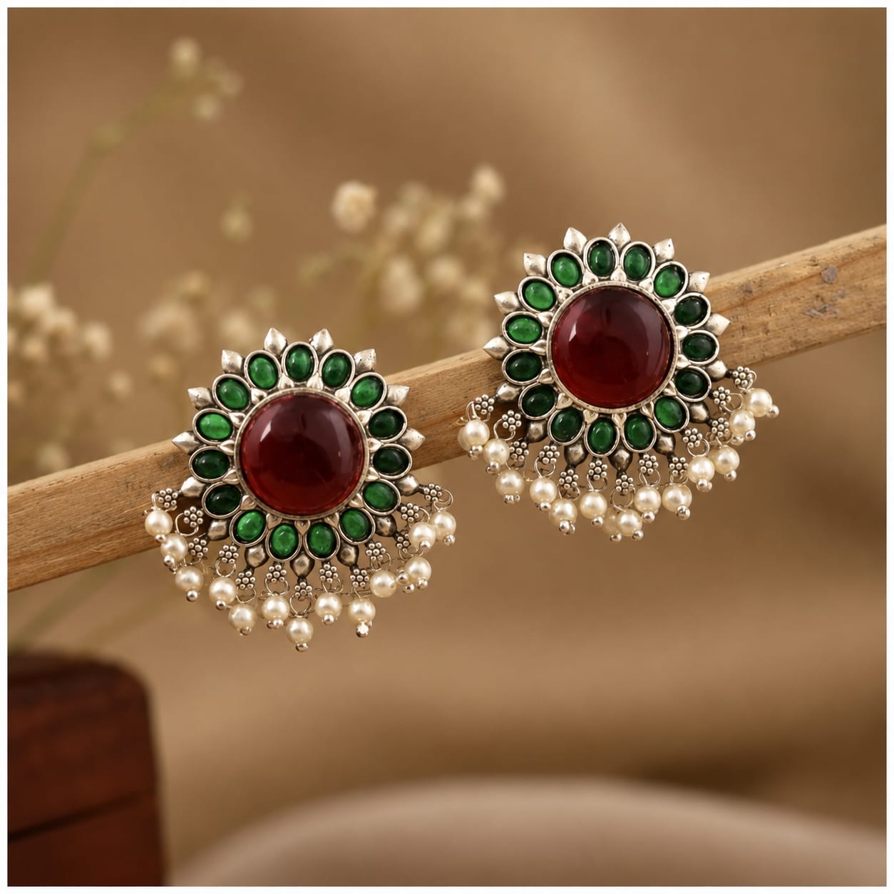 Oxidised Silver Floral Stud Earrings with Ruby, Emerald & Pearl Drops