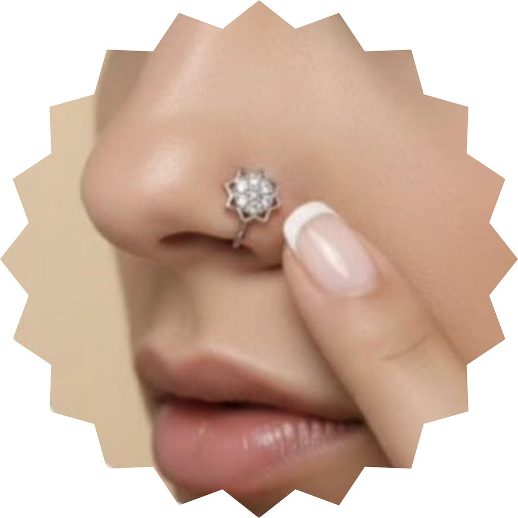 Silver Lotus Nose Pin with Crystal Stones