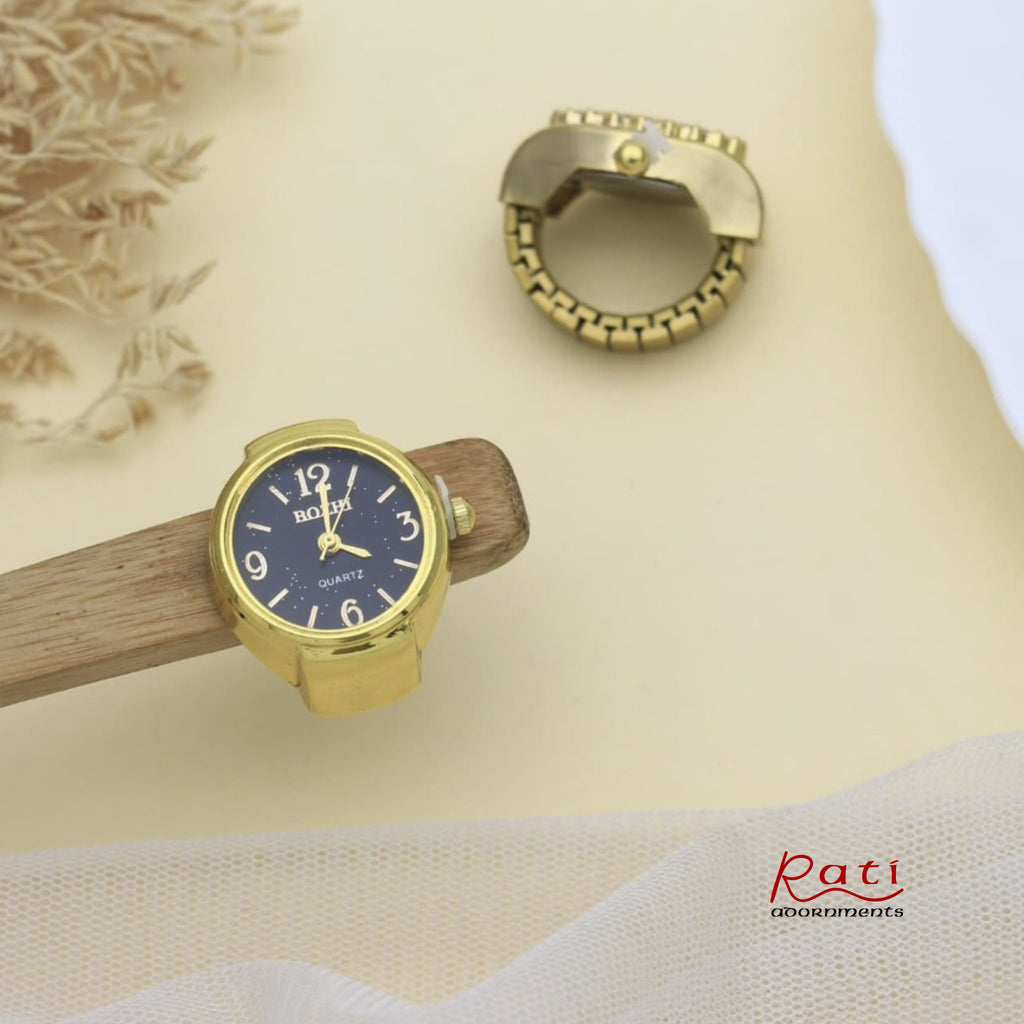 Gold Round Quartz Ring Watch – Navy Blue Dial