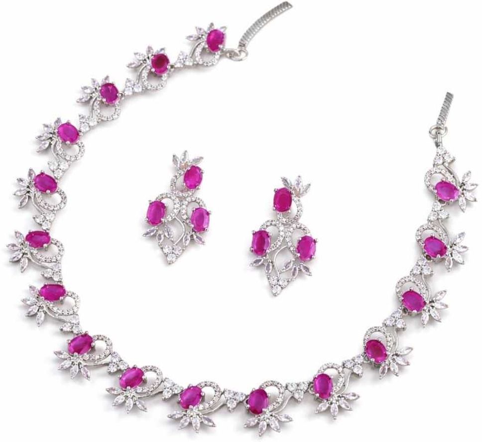Ruby Red & CZ Diamond Floral Necklace & Earring Set