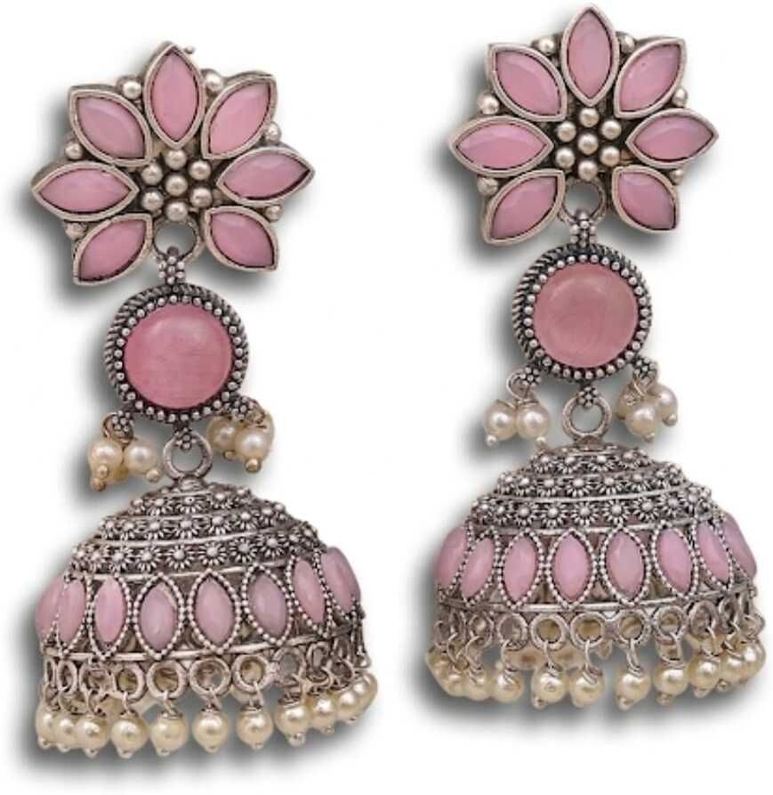 Pink Stone Oxidised Silver Jhumka Earrings with Pearl Drops
