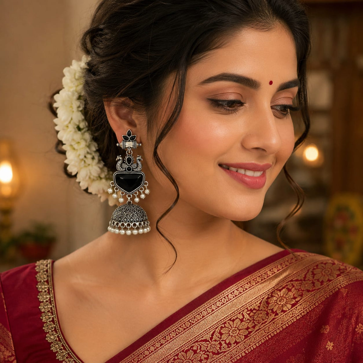 Oxidised Silver Peacock Jhumka with Black Onyx Stones & Pearl Drops