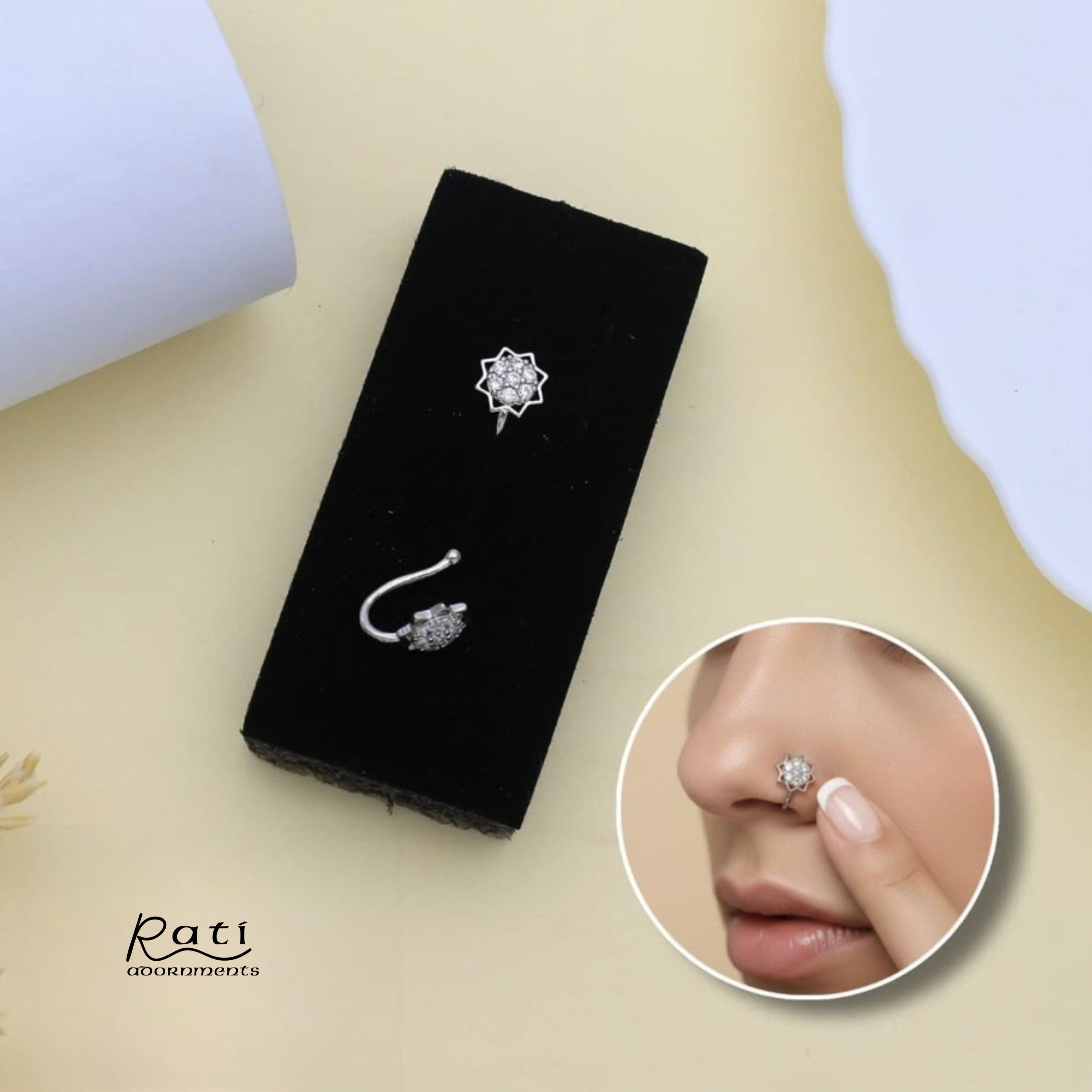 Silver Lotus Nose Pin with Crystal Stones