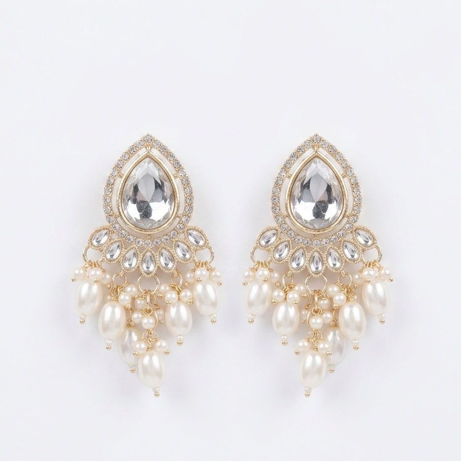 Kundan Crystal & Pearl Drop Earrings | Gold-Tone Chandelier Studs