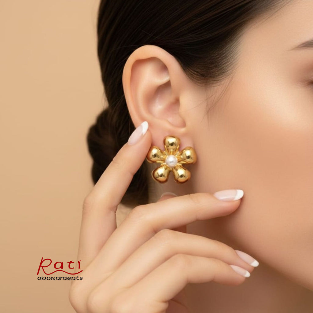 Gold Flower Pearl Stud Earrings