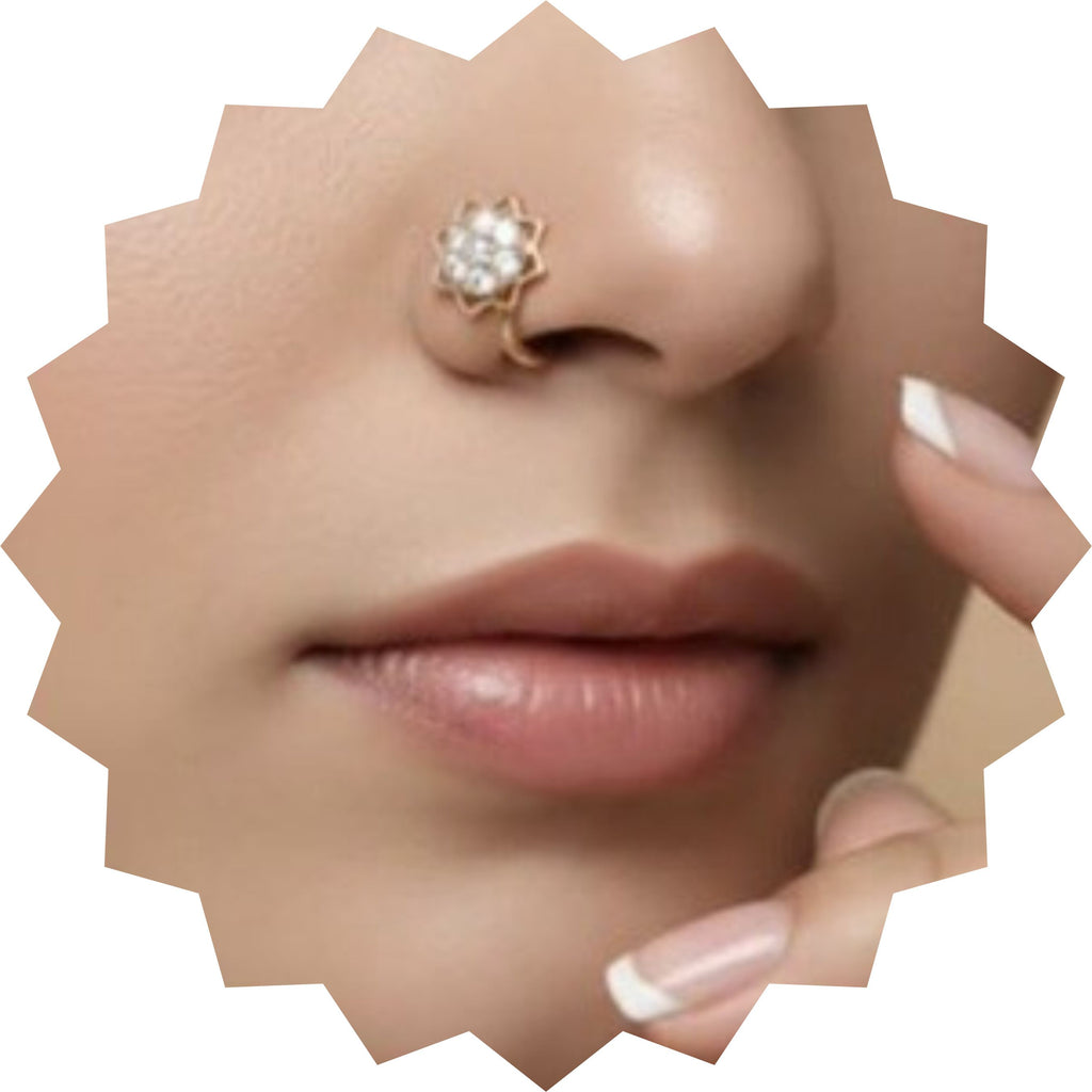 Gold Lotus Nose Pin with Crystal Stone
