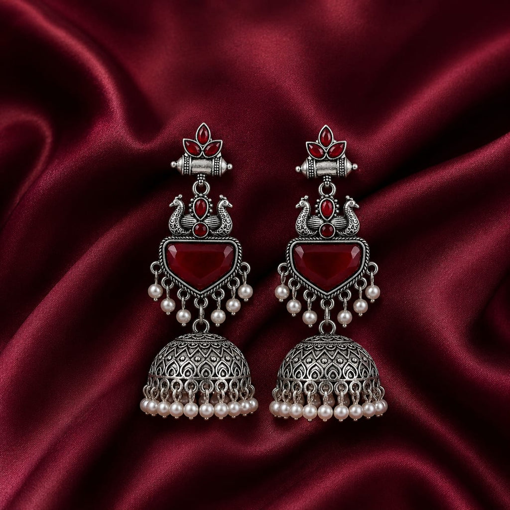 Oxidised Silver Peacock Jhumka Earrings | Red Stone & Pearl Drop