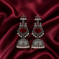 Oxidised Silver Peacock Jhumka Earrings | Red Stone & Pearl Drop
