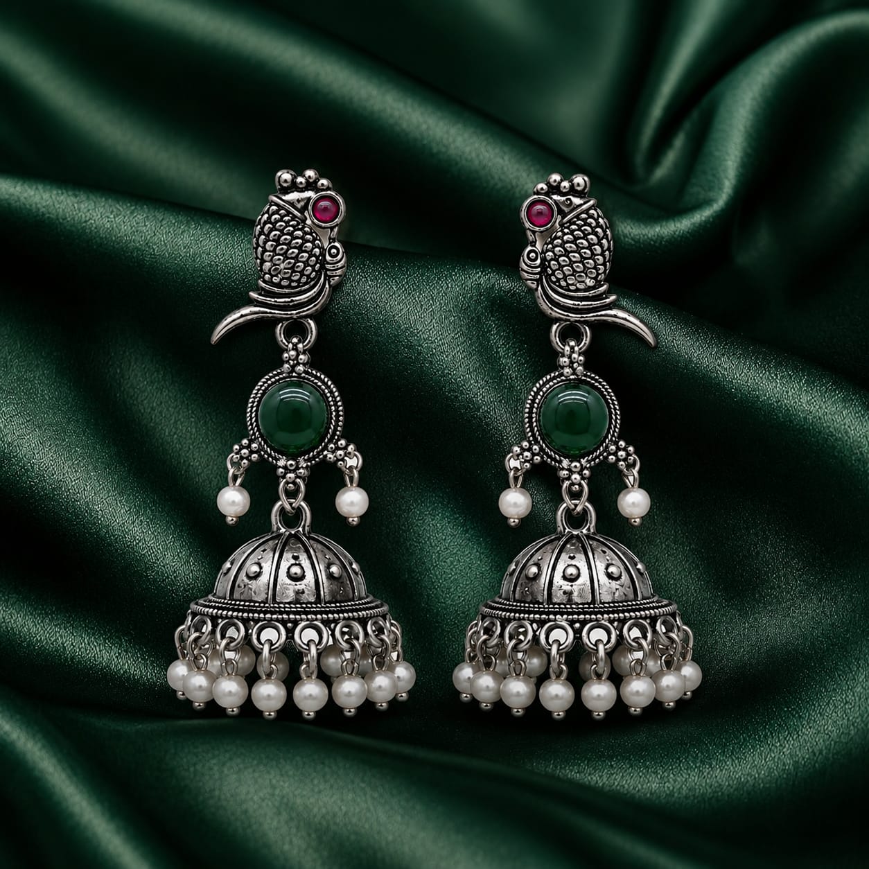 Oxidised Silver Parrot Jhumka Earrings | Green Stone & Pearl Drop