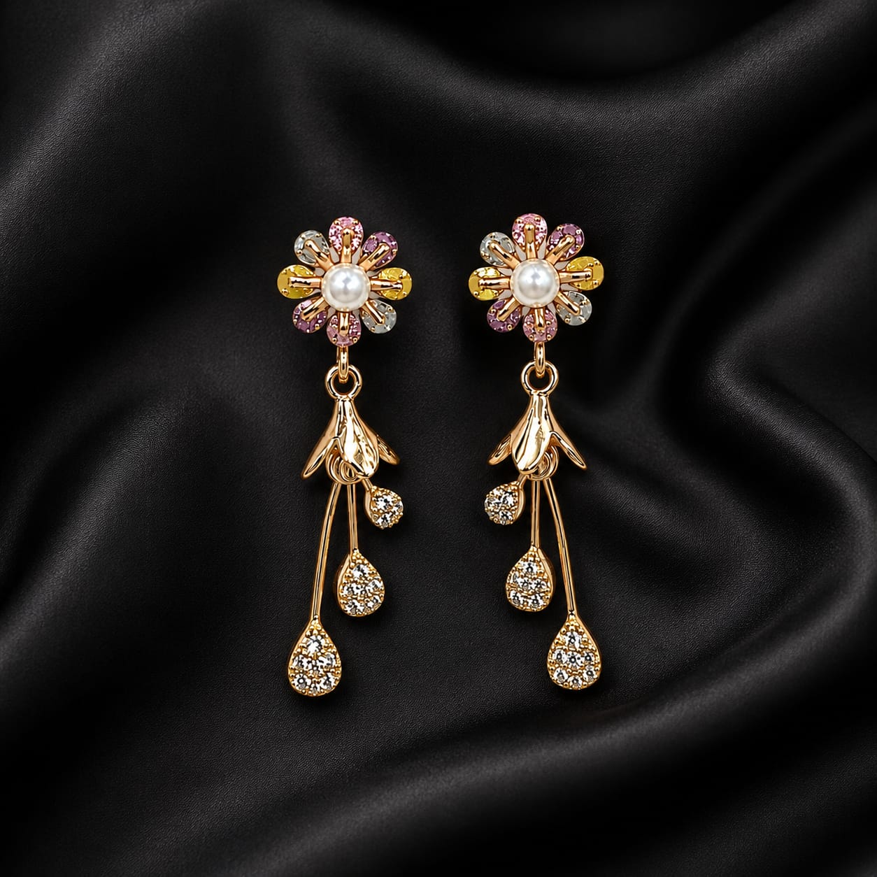 Pearl & Crystal Daisy Drop Earrings
