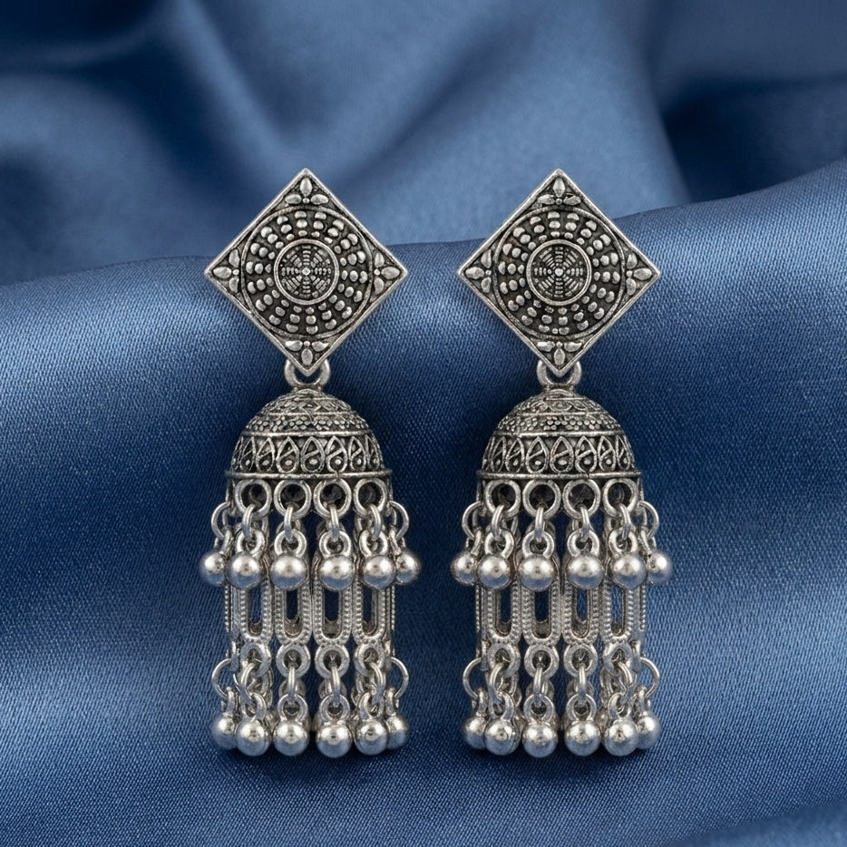 Oxidised Silver Square Stud Jhumka Earrings | Dome Bell Drop with Silver Beads