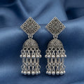 Oxidised Silver Square Stud Jhumka Earrings | Dome Bell Drop with Silver Beads