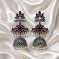 Oxidised Silver Peacock Jhumka Earrings with Red Stone & Pearl Drops