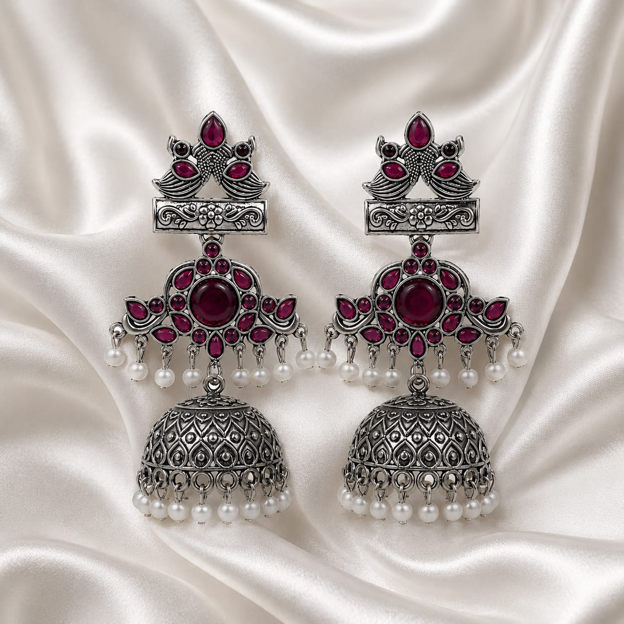 Oxidised Silver Peacock Jhumka Earrings with Red Stone & Pearl Drops
