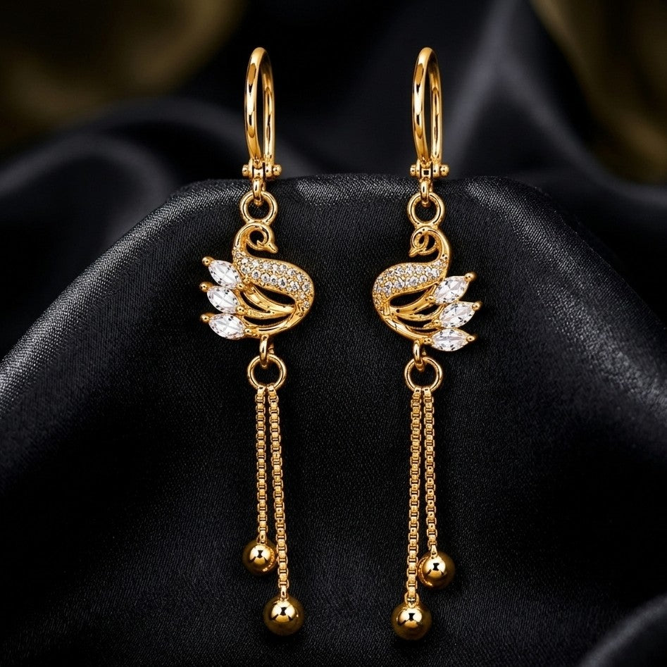Gold Plated Swan Charm Hoop Earrings with CZ Stones & Chain Ball Drops