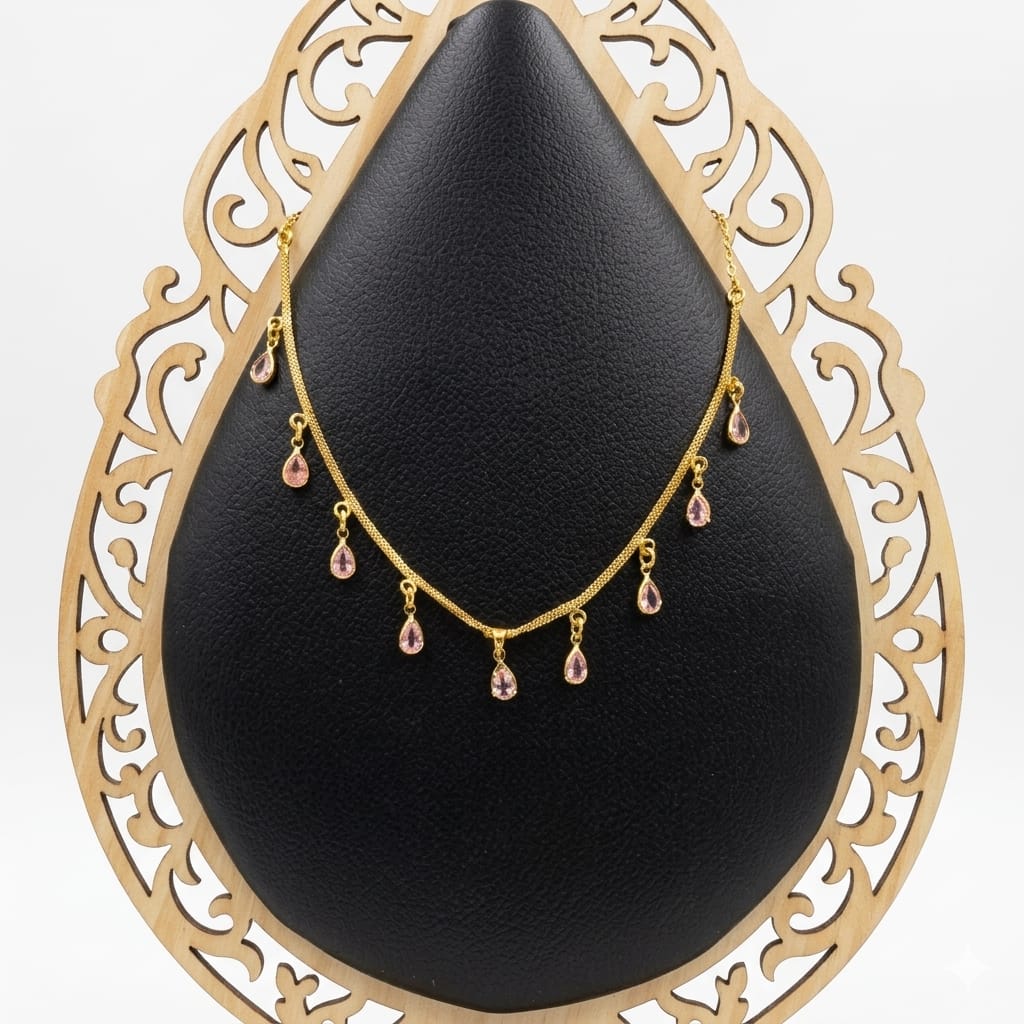 Gold Pink Teardrop Stone Charm Necklace