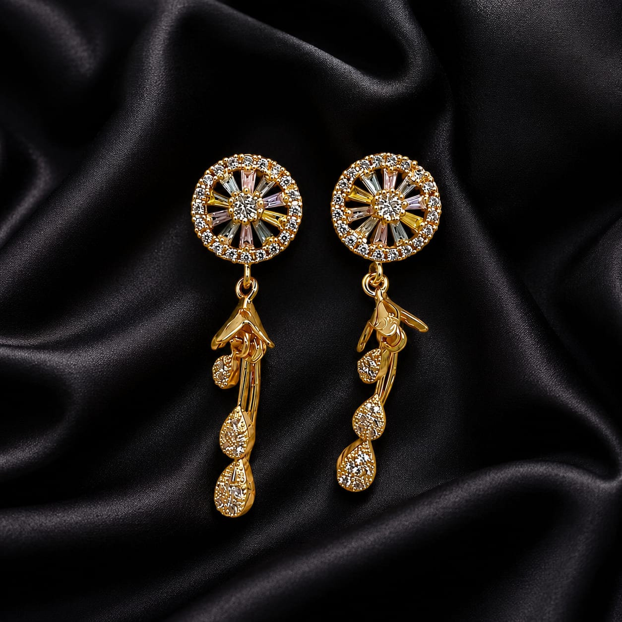 Gold Plated CZ Wheel Stud Earrings with Cascading Teardrop Danglers