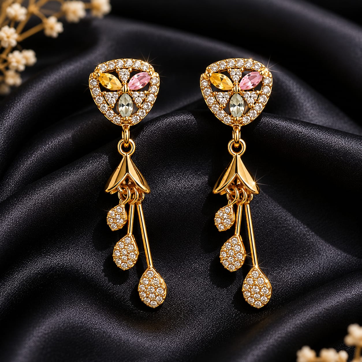 Gold Plated Multicolour Marquise Stud Earrings with CZ Leaf & Teardrop Danglers