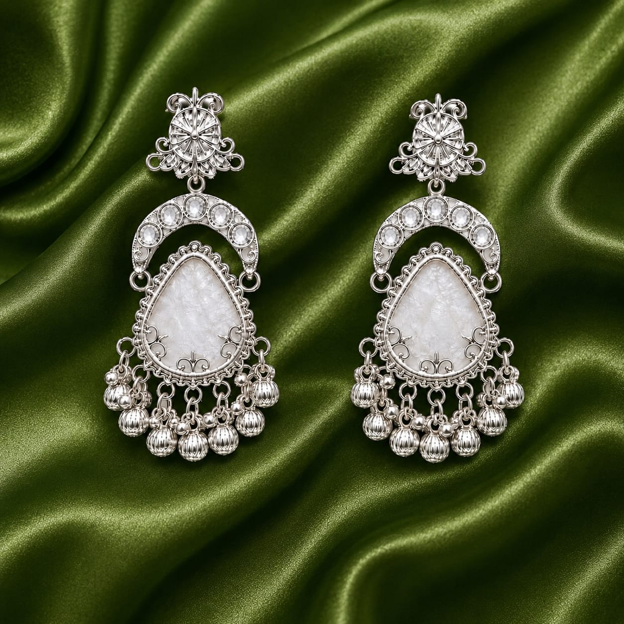 Silver Crystal & Mother of Pearl Chandelier Earrings | Ghungroo Drop