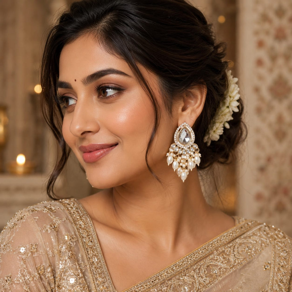 Kundan Crystal & Pearl Drop Earrings | Gold-Tone Chandelier Studs