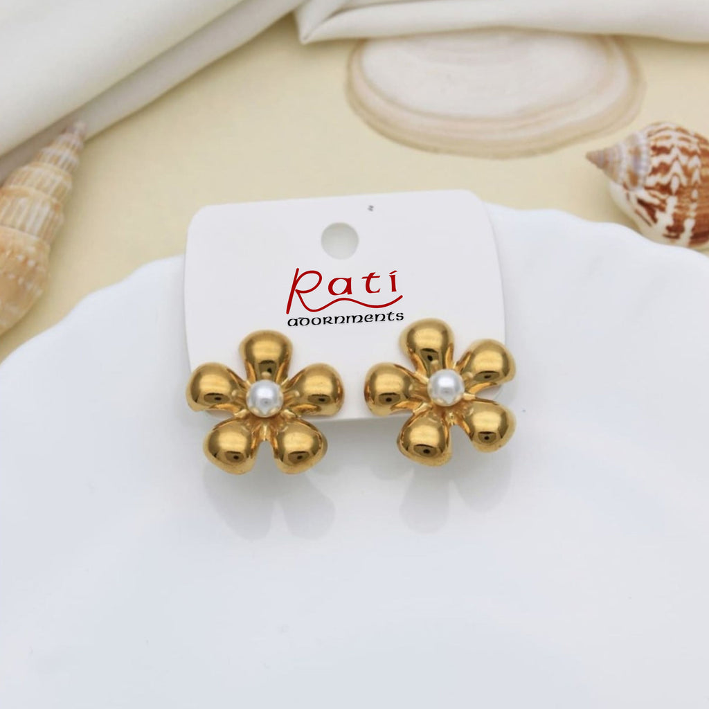 Gold Flower Pearl Stud Earrings